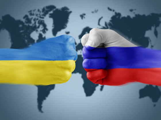 Hands showing war of Russia and Ukraine